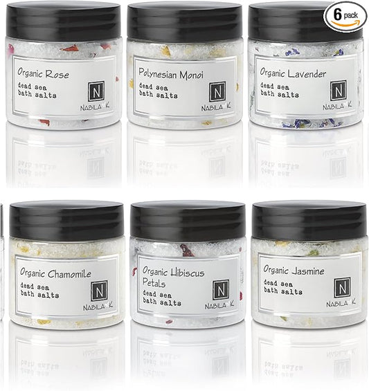 Assorted Bath Salts (Set of 6) by Nabila K - Dead Sea Salt & Epsom Salt Scrub & Soak - Exfoliates & Hydrates Skin, Botanical Essential Oils - Bubble Bath Accessories for All Skins Types, 2 oz-Velvo Beauty