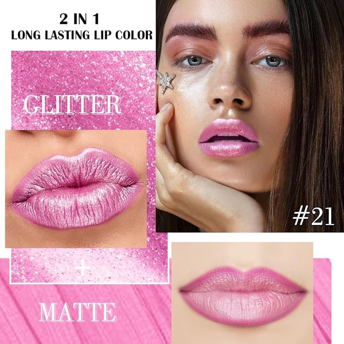 evpct Pink Metallic Glitter Lip Liner and Lipstick Combo Lip Gloss Stain Set Makeup for Women Long Lasting Waterproof 24, Rose Pink Metallic Shimmer Frosted Iridescent Glossy Liquid Lipstick 21-Velvo Beauty