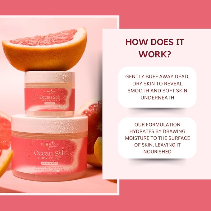 Sea Salt Body Scrub by Florida Suncare - Ocean Salt Body Polish Infused with Marine Algae - Exfoliating Face and Body Scrub - Facial Scrub Exfoliator to Tackle Acne (Grapefruit, 3.3 oz)-Velvo Beauty