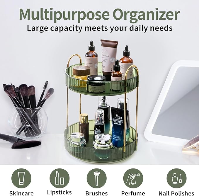 360 Rotating Makeup Organizer for Vanity,2 Tier Large Capacity Skincare Organizers,Bathroom Counter Organizer, Spinning Perfume Organizer & Vanity Organizer (Green-2 Tier)-Velvo Beauty