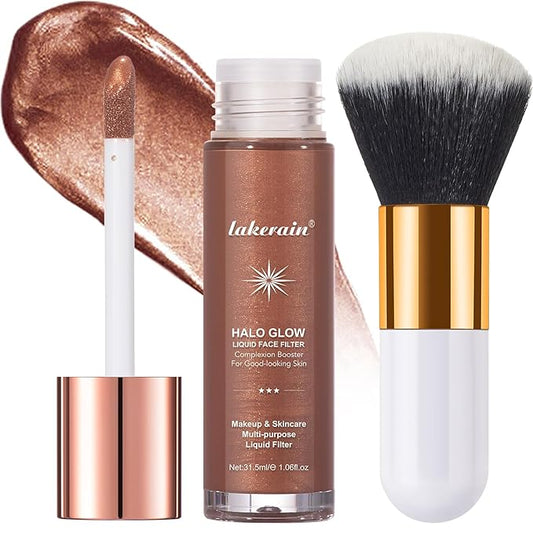 Natural Glow Liquid Filter Makeup, Longwear Face Luminizer, Complexion Booster For Any Part of the Body, Liquid Highlighter with Brush Kit, Infused Hyaluronic Acid, 1.06 fl oz (#07 DEEP/RICH)-Velvo Beauty