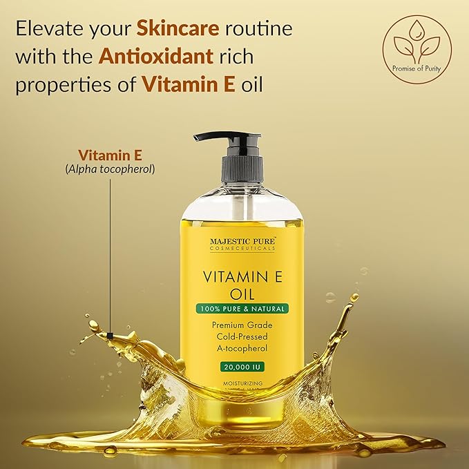 Majestic Pure Vitamin E Oil - 100% Pure & Natural, 20,000 IU | Premium Grade, Cold-Pressed and Tocopherol to Repair Dry, Damaged Skin| Moisturizing Skin, Hair and Scalp 8 Fl Oz-Velvo Beauty