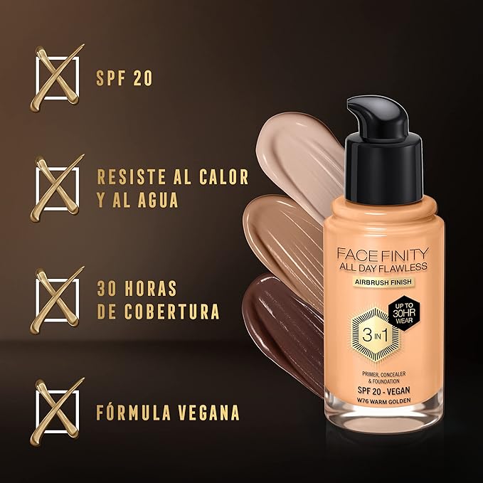 Max Factor Facefinity 3-in-1 All Day Flawless Liquid Foundation, SPF 20-76 Warm Golden, 30 ml-Velvo Beauty