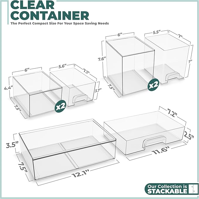 Sorbus Acrylic Storage Containers - 5 Pack, Stackable Storage Bins Set for Bathroom Organization - Clear Acrylic Drawer Organizers - Makeup Case Pull-Out Drawers (7.6’’ and 4.4’’ Tall and 12.1’’ Wide)-Velvo Beauty