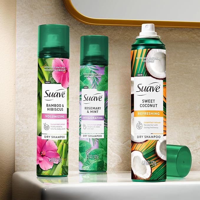 Suave+ Dry Shampoo Spray Variety 3-Pack – Invigorating Rosemary & Mint, Volumizing Bamboo & Hibiscus + Refreshing Sweet Coconut, 4.3 Oz Ea-Velvo Beauty