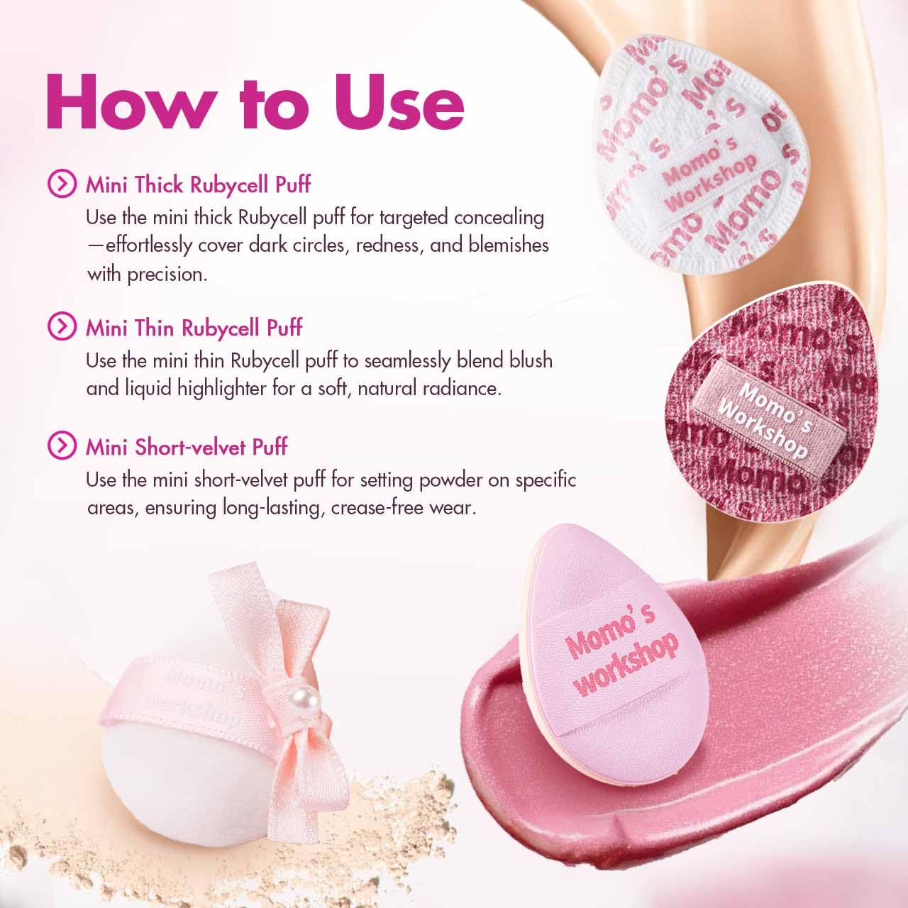 Mini Denim Makeup Sponge Set,Mini Makeup Blenders Sponge for Concealer/Blush/Highlighter, Perfect for Detail Work & Travel,4pcs Pink Mini Concealer Puffs with Travel Pouch-Velvo Beauty