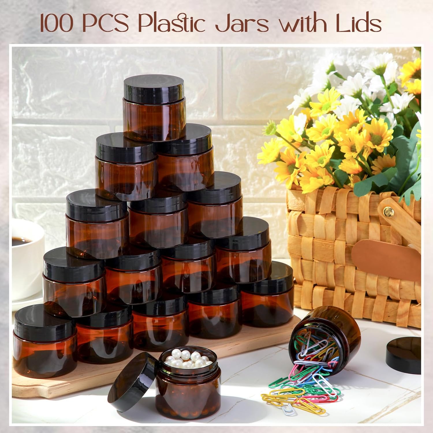SATINIOR 100 Pcs Plastic Jars with Lids Small Containers Lids Wide Mouth Small Plastic Containers for Lotion Cream Rhinestones Body Butters Travel Storage(2 oz,Amber)-Velvo Beauty