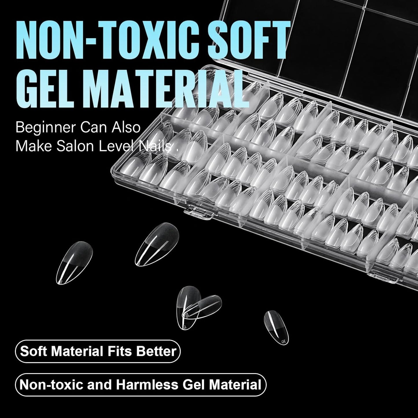 TOMICCA Medium Almond Nail Tips, 504Pcs Soft Acrylic Pre Etched Clear Fake Nails Tips Almond Shape Half Matte, Full Cover Nail Extension for Beginner and Professional 12 Sizes-Velvo Beauty