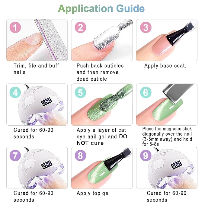 RARJSM Green Cat Eye Gel Nail Polish Set 6pcs Reflective Sparkly Diamond Glitter Nude Pink Blue Purple Clear Glass Cateye Gelpolish with Magnet Stick 7.5ml Curing Requires Soak Off for Home Salon-Velvo Beauty