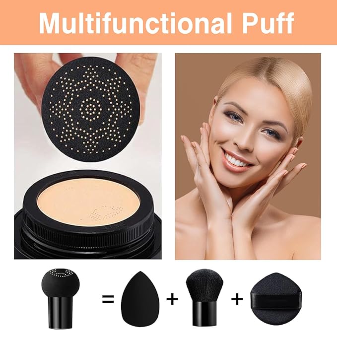 2Pcs Mushroom Head Air Cushion CC Cream, Long Lasting Oil Control BB Cream for All Skin Types, Moisturizing Foundation Face Makeup Set with Foundation Brush (#Natural)-Velvo Beauty