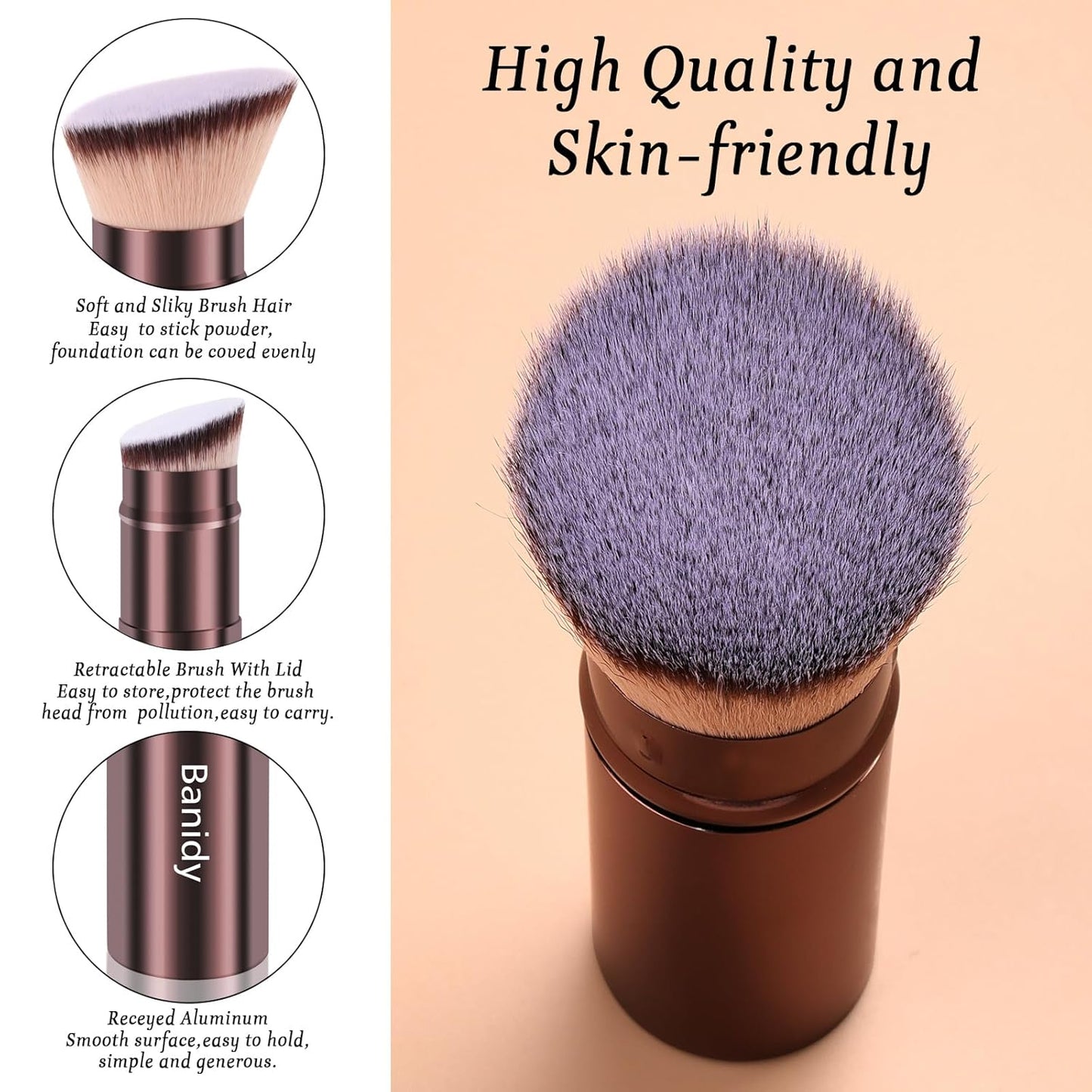 Makeup Brush Kabuki Face Brushes Retractable Travel Blush Kabuki Brush Portable Flawless for Foundation, Powder Blush, Bronzer, Buffing, Liquid, Cream, Cruelty Free with Cover(Brown)-Velvo Beauty