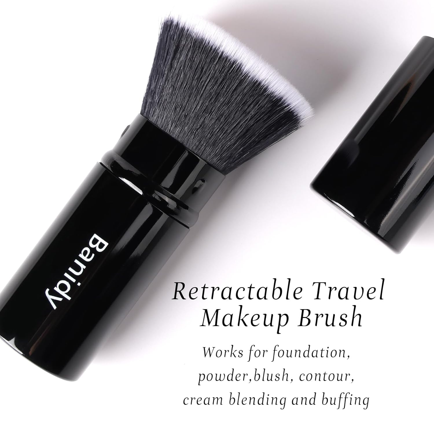 Makeup Brush Kabuki Face Brushes Retractable Travel Blush Brush Portable Flawless for Foundation, Powder Blush, Bronzer, Buffing, Liquid, Cream, Cruelty Free with Cover(Flat-Head)-Velvo Beauty