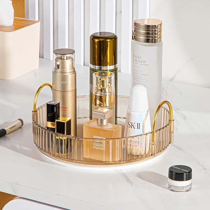 Rotating Makeup Organizer for Vanity, High-Capacity Skincare Clear Make Up Storage Perfume Organizers Cosmetic Dresser Organizer Countertop 360 Spinning (Gold, 1 Tier)-Velvo Beauty