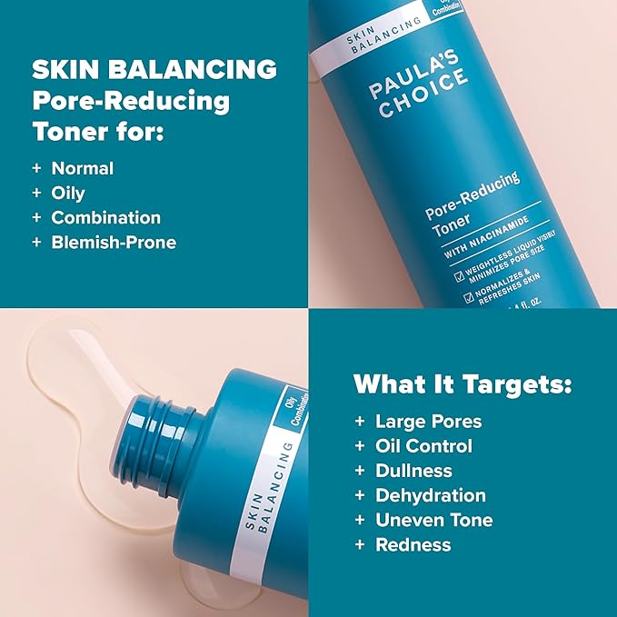 Paula's Choice SKIN BALANCING Pore-Reducing Face Toner for Combination and Oily Skin, Minimizes Large Pores, Controls Oil & Shine, Hydrates & Replenishes, Suitable for Acne-Prone Skin, 12 Fl Oz Bottle-Velvo Beauty
