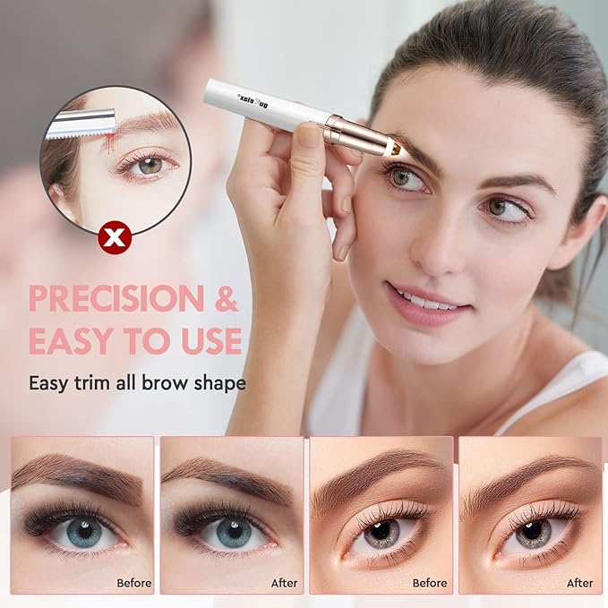 gurelax Eyebrow Hair Remover, Electric Eyebrow Trimmer for Women,Face and Eye Epilator with LED Light for Women Rechargeable with 2 x Replacement Heads (White)-Velvo Beauty