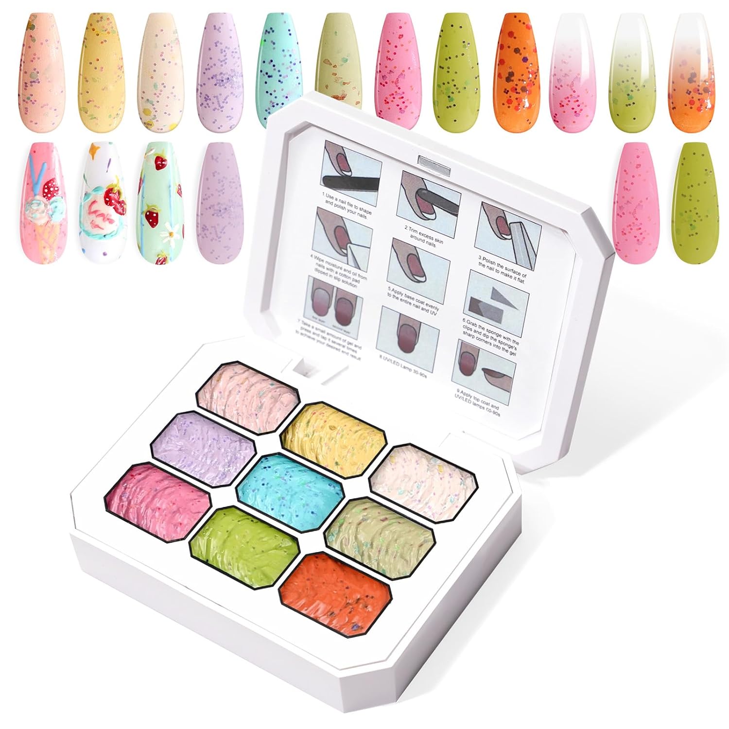 Gradient Painting Gel, 9 Colors Ombre Gel Nail Polish for 3D Sculpture Gel comes with Dotted Decorations Aura Nails French Manicure Soak Off UV Long-lasting Home Salon DIY Candy Cane Cream-Velvo Beauty