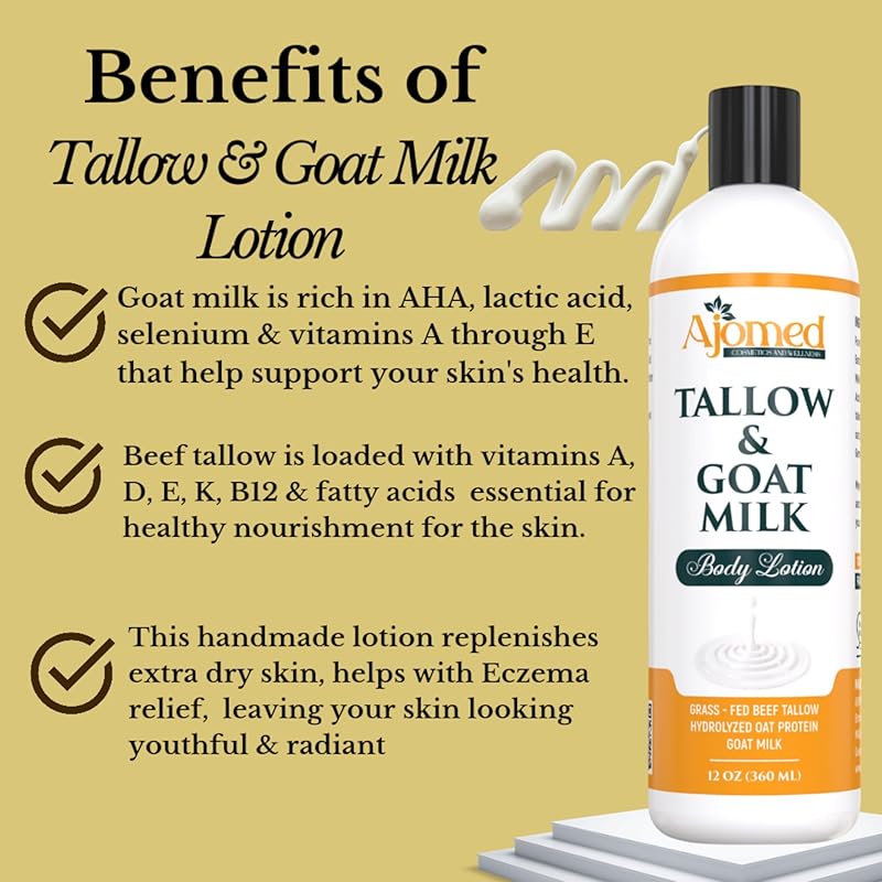 Grass Fed Beef Tallow & Goat Milk Body Lotion for Sensitive Skin, Organic Tallow moisturizer- Soothes Dry Patches, Goat Milk Moisturizer - Handmade Tallow Body Lotion (Oatmeal & Honey, 12 Oz)-Velvo Beauty
