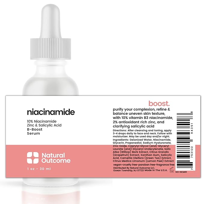 Niacinamide Serum for Face by Natural Outcome Skin Care, B-Boost Niacinamide 10% Plus Zinc 2% Salicylic Acid + Hyaluronic Acid, Acne Treatment + Pore Reducing Serum + Skin Balancing-Velvo Beauty