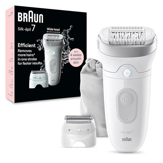 Braun Epilator Silk-épil 7, Hair Removal Device, Women Shaver & Trimmer, Wet and Dry, Wide Head, Includes Shaver Head and Trimmer Comb, SE7-041, Silver-Velvo Beauty