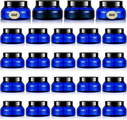 Tessco 24 Pack Plastic Jars with Lids Labels Empty Clear Plastic Jars Round Refillable Cosmetic Containers Body Butter Containers Bulk Sugar Scrub Bottle for Make Up(5 oz,Blue, Black)-Velvo Beauty