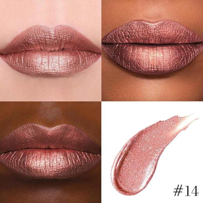 evpct Bronze Gold Metallic Glitter Lip Liner and Lipstick Combo Lip Gloss Stain Set Makeup for Women Long Lasting Waterproof 24, Rose Gold Metallic Shimmer Frosted Iridescent Glossy Liquid Lipstick 14-Velvo Beauty