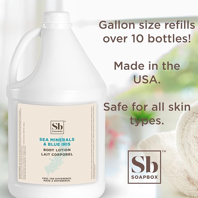 Soapbox Body Lotion, Sea Minerals & Blue Iris Moisturizing Body Cream, Vegan, Natural & Cruelty Free Hydrating Hand Lotion Refill for Dry Skin - Gallon Size for Home & Professional-Velvo Beauty