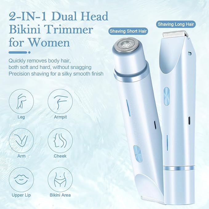 Dermave Bikini Shaver 2.0, 2025 New Glow Aura Bikini Trimmer for Women, 2 in 1 Dual Head Electric Razors for Women, IPX7 Waterproof Wet & Dry Electric Shaver, Rechargeable Portable Body Shaver (Blue)-Velvo Beauty