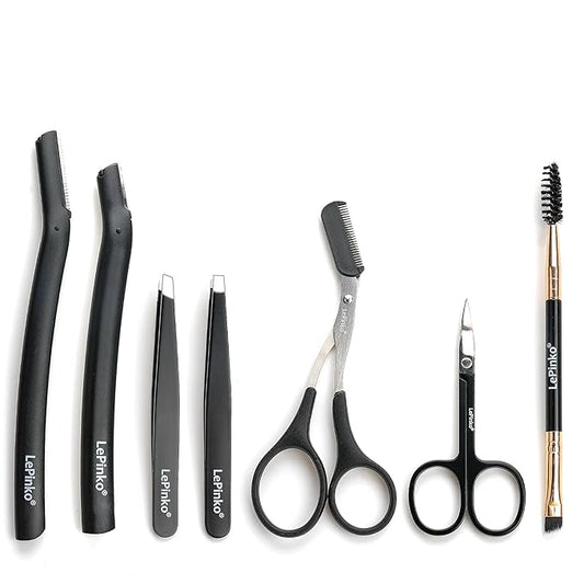 Eyebrow Trimmer Kit, 7 in 1 Eyebrow Scissors, Tweezer, Razor, Gromming Scissors Brush for Women Men, Gifts for Stocking Stuffers - Black-Velvo Beauty