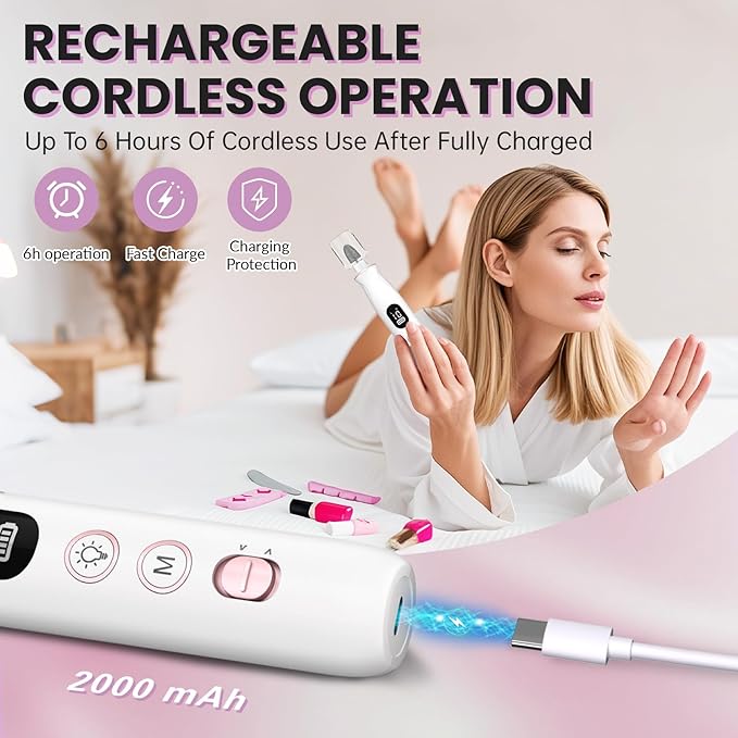 Electric Nail Drill, Cordless 2000 mAh Rechargeable Portable Nail File 12 in 1 Kit for Thick Toenails, 10 Speeds Nail Dril Machine Professional Manicure Pedicure for Hand Natural Nails Care (White)-Velvo Beauty
