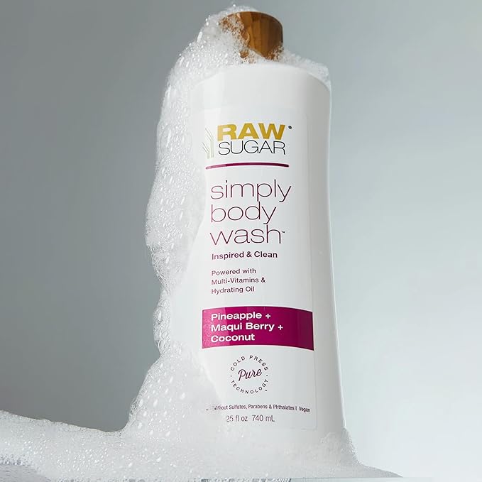 RAW SUGAR Simply Body Wash Variety Trio (25 Fl Oz, Pack of 3) Vegan Bath & Shower Gel, Raw Coconut + Mango, Pineapple + Maqui Berry + Coconut and Watermelon + Fresh Mint, No Sulfates & Parabens-Velvo Beauty