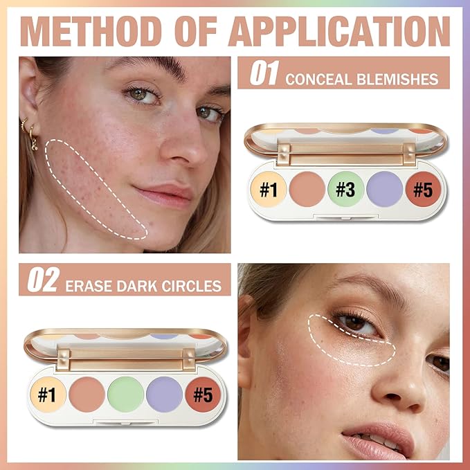 FOCALLURE #GoldenAge 5 in 1 Multi Uses Concealer Palette, 5 Colors Correcting Conceal Palette, Camouflage Contour Palettes for Dark Circles, Face Contouring Highlighter Pallet, CC02 COLOUR CORRECTING-Velvo Beauty