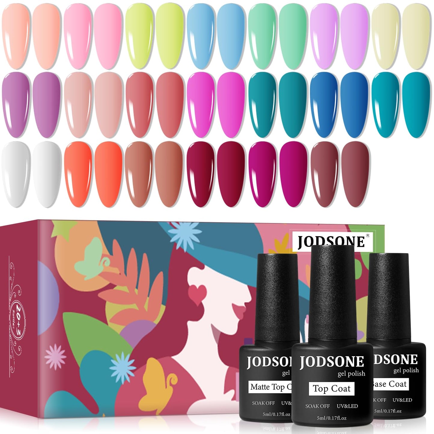 JODSONE 20 Color Vibrant and High Shine Gel Nail Polish Kit with 3 PCS Base Coat and Matte and Glossy Top Coat-Velvo Beauty