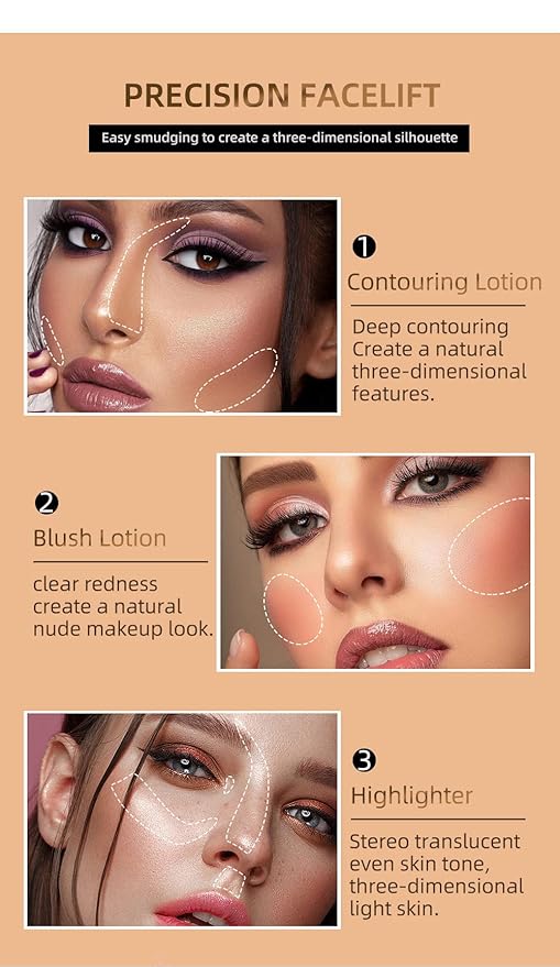 3 Color Contour Beauty Wand, Highlighter ,Face Concealer Contouring with Cushion Applicator Long Lasting & Smooth Matte Finish Liquid Illuminator Makeup Stick .(01 Contour+03 Cherry Red +05 Bronze Gold)-Velvo Beauty