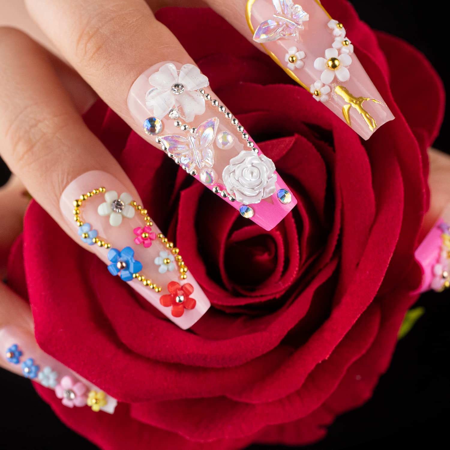 Mixed 3D Nail Art Gem Decoration Accessories Kit #5, Aurora Bear Bow Butterfly Starry AB Rhinestone Charm Jewelry for Deco, Pearl Flower Caviar Bead Stone Crystal with Dual-End Brush and Tweezer-Velvo Beauty