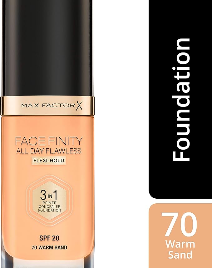 Max Factor Facefinity 3-in-1 All Day Flawless Liquid Foundation, SPF 20-70 Warm Sand, 30 ml-Velvo Beauty