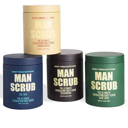 Body Prescriptions Men’s Exfoliating Body Scrub – Ultimate Skin Cleansing Wash in Jar with Twist-Top Lid, For All Skin Types, 21 Ounce (Pack of 4), Combo Pack-Velvo Beauty