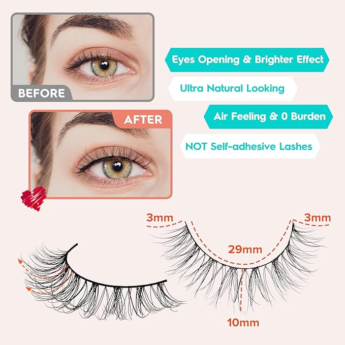 Natural Lashes Wispy False Eyelashes 10mm Short Lashes 3D Volume Strip Lashes Fake Eyelashes Siligli Lashes Thin Band Curly Eye Lashes Pack 10 pair-Velvo Beauty