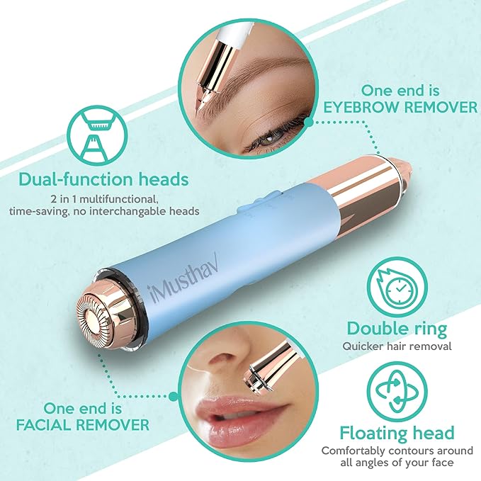 2 in 1 Flawless Eyebrow and Facial Hair Remover for Women Painless Electric Razor Epilator Trimmer Shaver with 18K Gold-Plated, USB Rechargeable, 360° LED for Eyebrow and Face Hair Removal-Velvo Beauty
