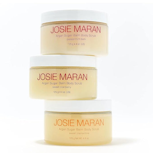 Josie Maran Argan Sugar Body Scrub Trio - 3-Piece Body Care Set - Softens, Smoothes & Hydrates Dry Skin - Includes Scents Sweet Clementine, Peppermint Bark & Sweet Cranberry (3 Count)-Velvo Beauty