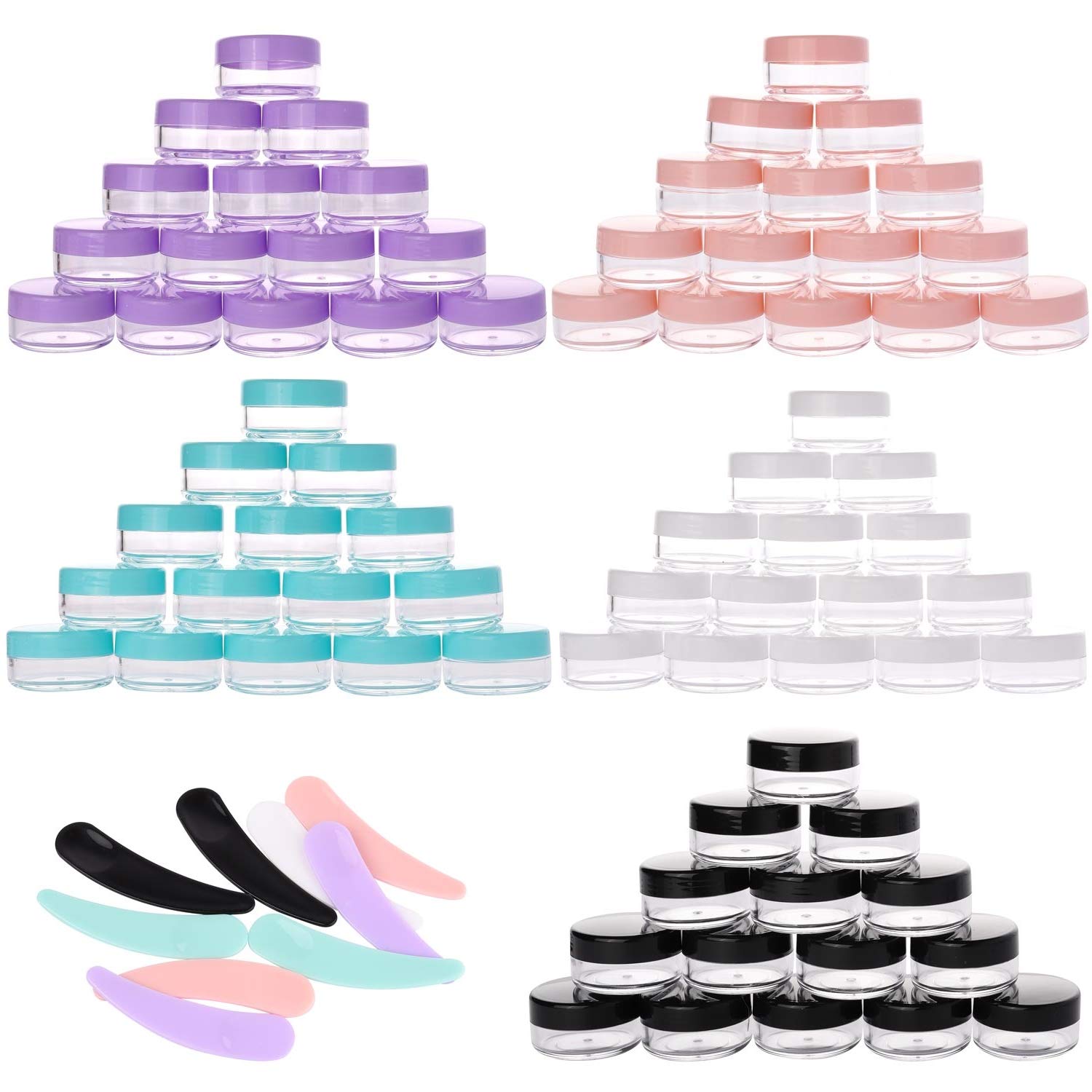 Refillable Cosmetic Sample Jars - 100 Pack 10g (0.35oz) Multi Color Small Travel Containers with Lids + 10 Mini Makeup Spatulas - BPA Free-Velvo Beauty