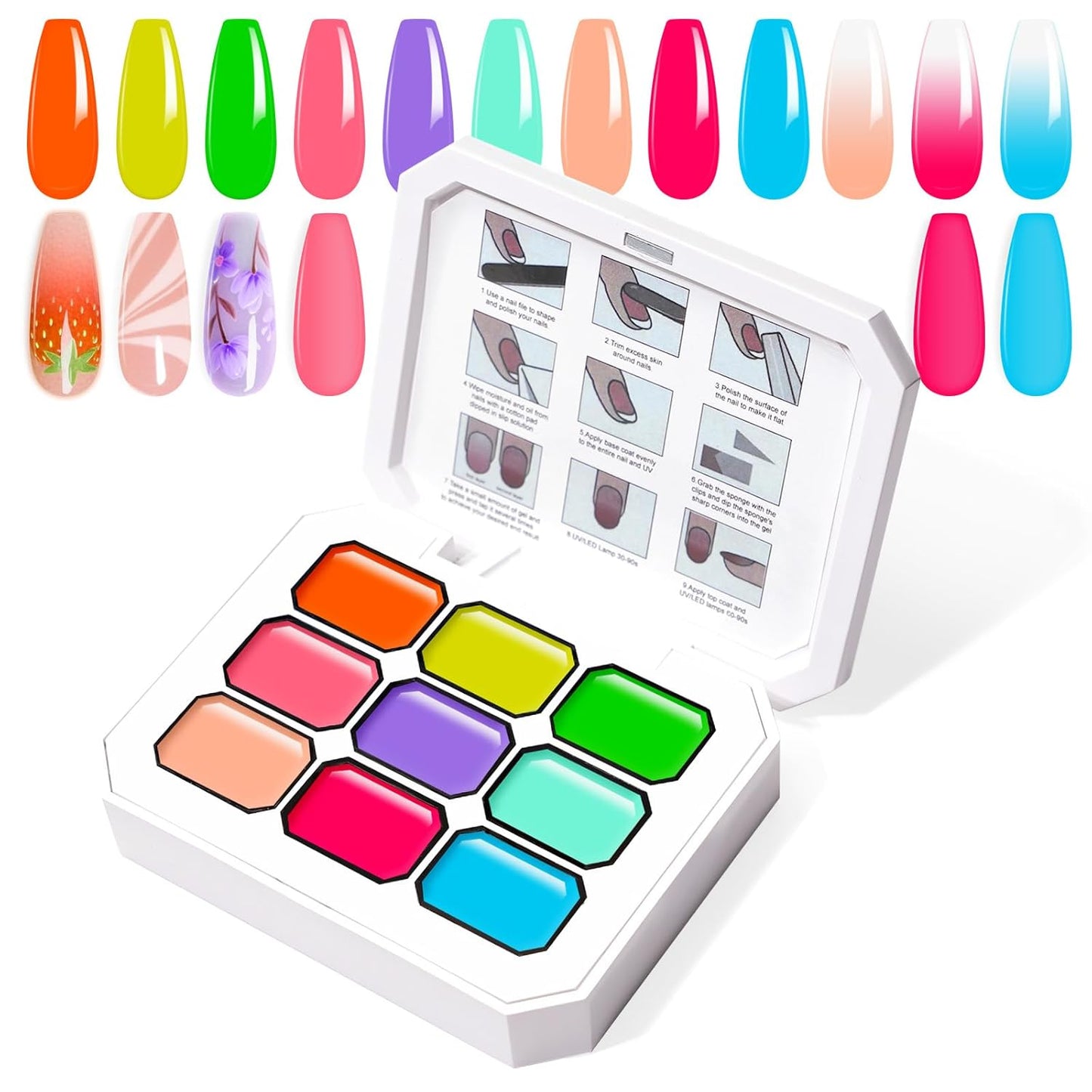 Gradient Painting Gel, 9 Colors Ombre Gel Nail Polish Sponging for Pigment Pat French Manicure Soak Off UV Long-lasting High-glossy Home DIY Nail Salon Rainbow Candy(01)-Velvo Beauty