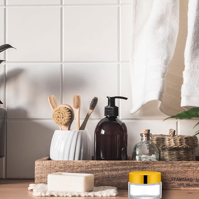 Lil Ray 1 oz Round Transparent Glass Jar with Inner Liners and Gold Lid (12pcs)-Velvo Beauty