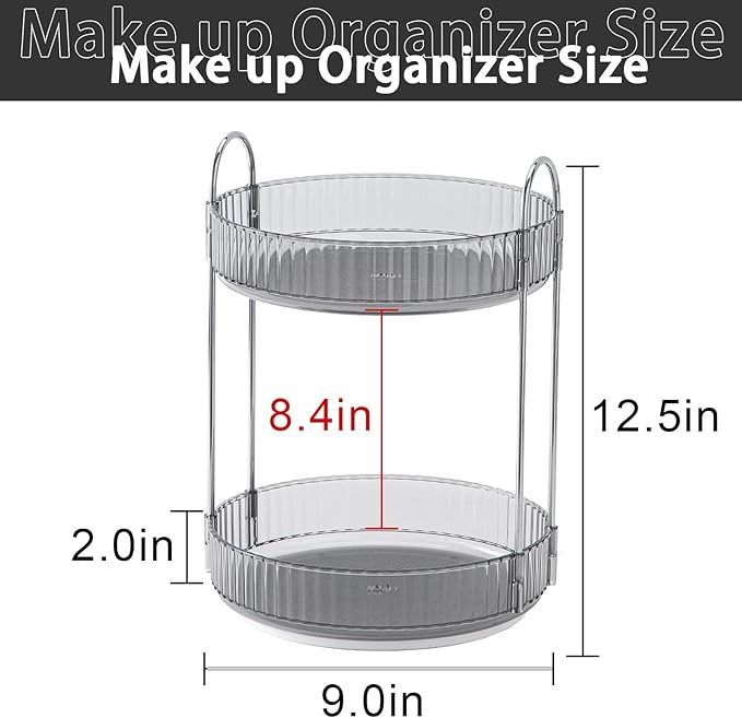 Rotating Makeup Organizer for Vanity, High-Capacity Skincare Clear Make Up Storage Perfume Organizers Cosmetic Dresser Organizer Countertop 360 Spinning (Gray, 2 Tier)-Velvo Beauty