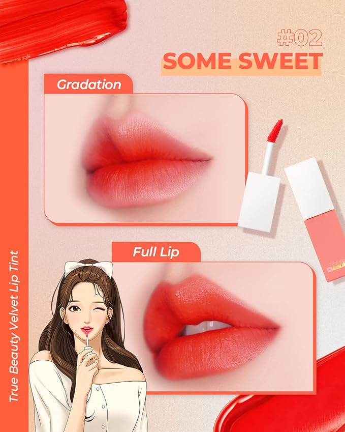 AMTS Webtoon True Beauty - 02 Some Sweet | Coral Lip Tint Stain | High Pigment Liquid Shine Non-Sticky Long-Wearing Long-Lasting | Korean Webtoon True Beauty Cute Coral Makeup-Velvo Beauty