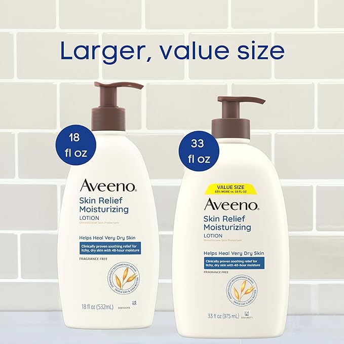 Aveeno Skin Relief Moisturizing Lotion for Very Dry, Itchy, Dry Skin, Body Moisturizer, Soothing Triple Oat & Shea Butter, Fragrance-Free, Non-Greasy, 33 fl oz-Velvo Beauty