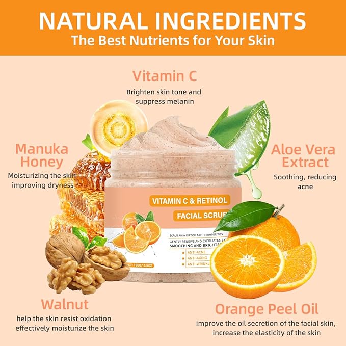 Vitamin C Face Scrub, Exfoliating Facial Wash with Retinol, Facial Scrub,Facial Exfoliating Scrub, Facial Scrubs for Women,Deep Cleansing Face Wash Cleanser for Women Men-Velvo Beauty