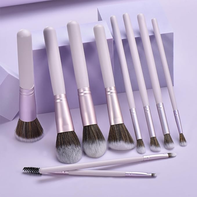 10 Piece Purple Makeup Brushes Set and 3 Piece Makeup Sponge - Wooden Handle with Soft Synthetic Bristles, for Face & Eye Makeup | Professional Cosmetic Brushes | Includes Travel Pouch-Velvo Beauty