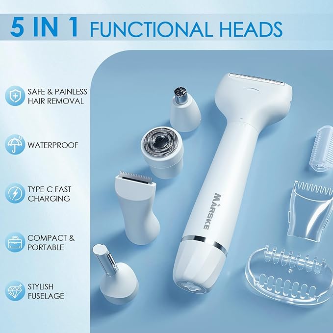 5 in 1 Facial Hair Removal and Bikini Hair Trimmer for Women, Nose Eyebrow pubic Hair Trimmer,Replaceable Electric Razors, Waterproof Electric Shaver Easy Cleaning, Women's Grooming Kit-Velvo Beauty