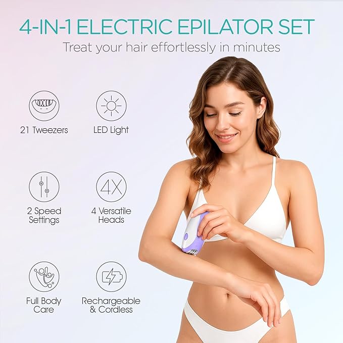 Epilator for Women-Cordless Epilators Hair Removal for Women, 4-in-1 Electric Razor Hair Remover, 2 Speeds & 21 Tweezers for Face Legs Arms Armpit Bikini, Purple HR310-Velvo Beauty