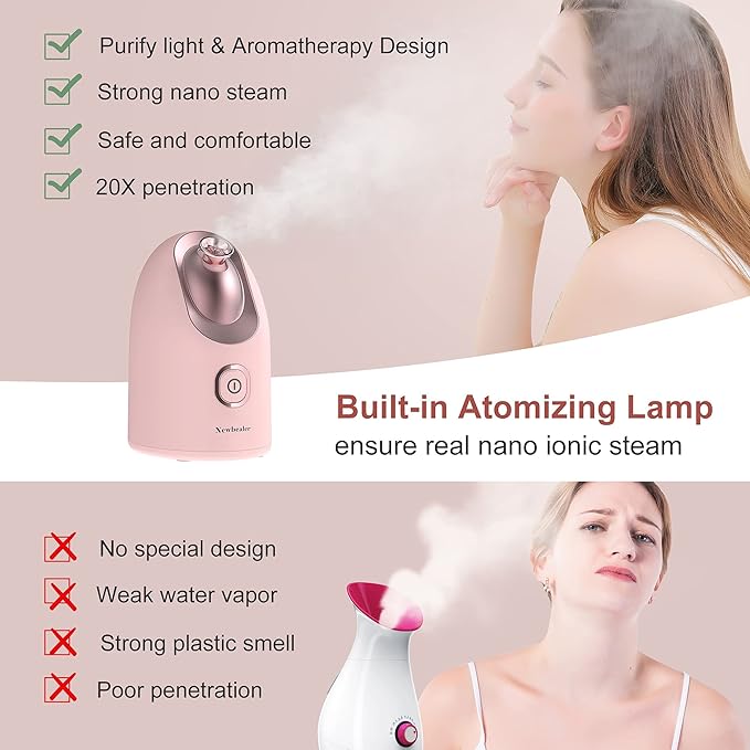 Newbealer Facial Steamer, Mini Aroma Face Steamer, Nano Ionic Hot Mist Facial Humidifier Atomizer, Home Sauna Spa Sprayer Moisturizing Cleansing Pores, 9 Pieces Acne Remover Kit (Pink-Gold, 160ml)-Velvo Beauty